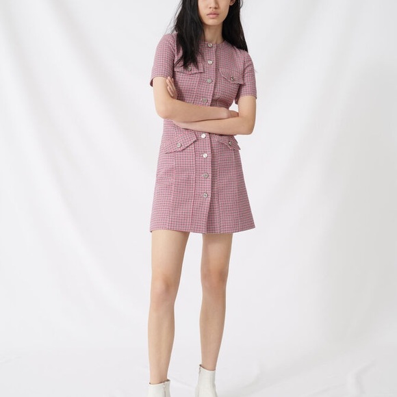 majePlaid Button-front Mini Dress In Fuchsia